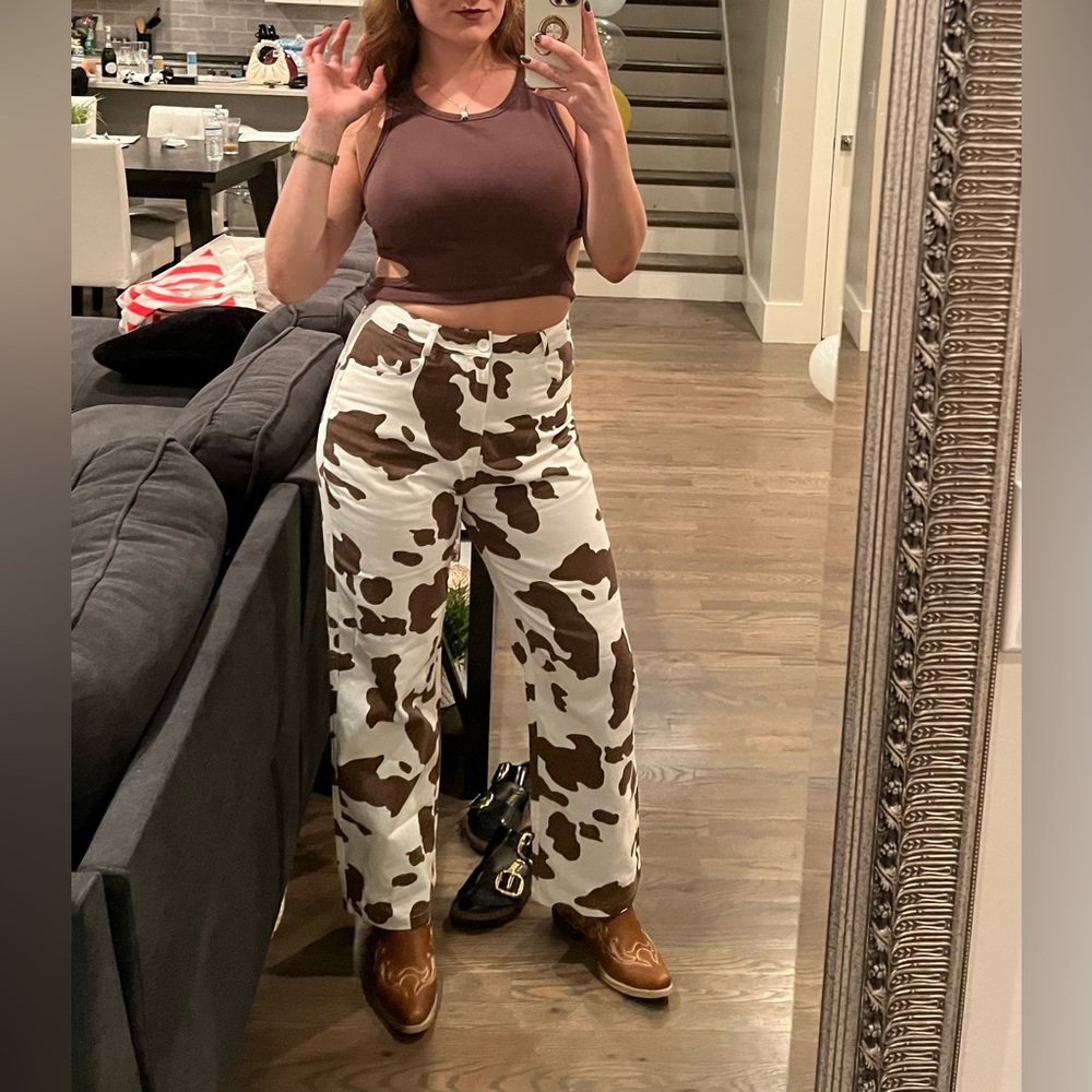PRINCESS POLLY Cow Print Pant & Brown Crop Top SET